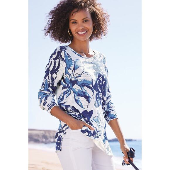 Soft Surroundings Marin blue white floral sweater sz medium new $99 - Picture 1 of 9